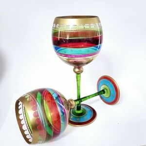 Colorful Hand-Painted Wine Glass Goblet,  Set of 2